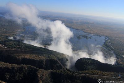 A helicopter flight over the Victoria Falls