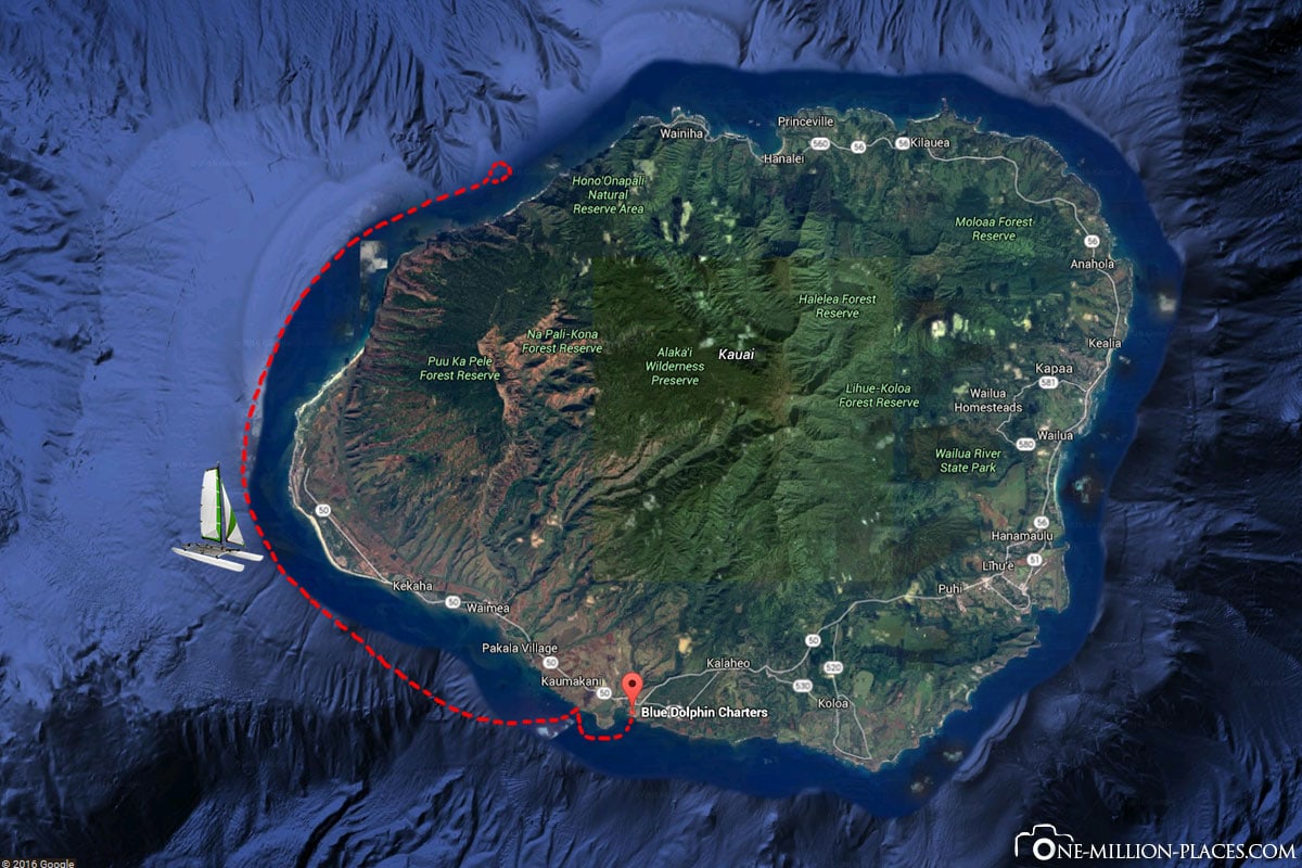 Route, Napali Coast, Kauai, Catamaran Tour, Hawaii, USA, Travel Report