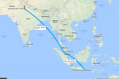 Unsere Flugroute von Denpasar über Kuala Lumpur nach Neu-Delhi