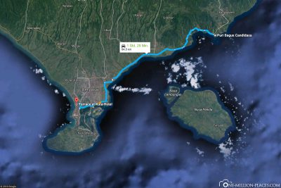 Die Strecke von Candidasa nach Kuta in Google Maps