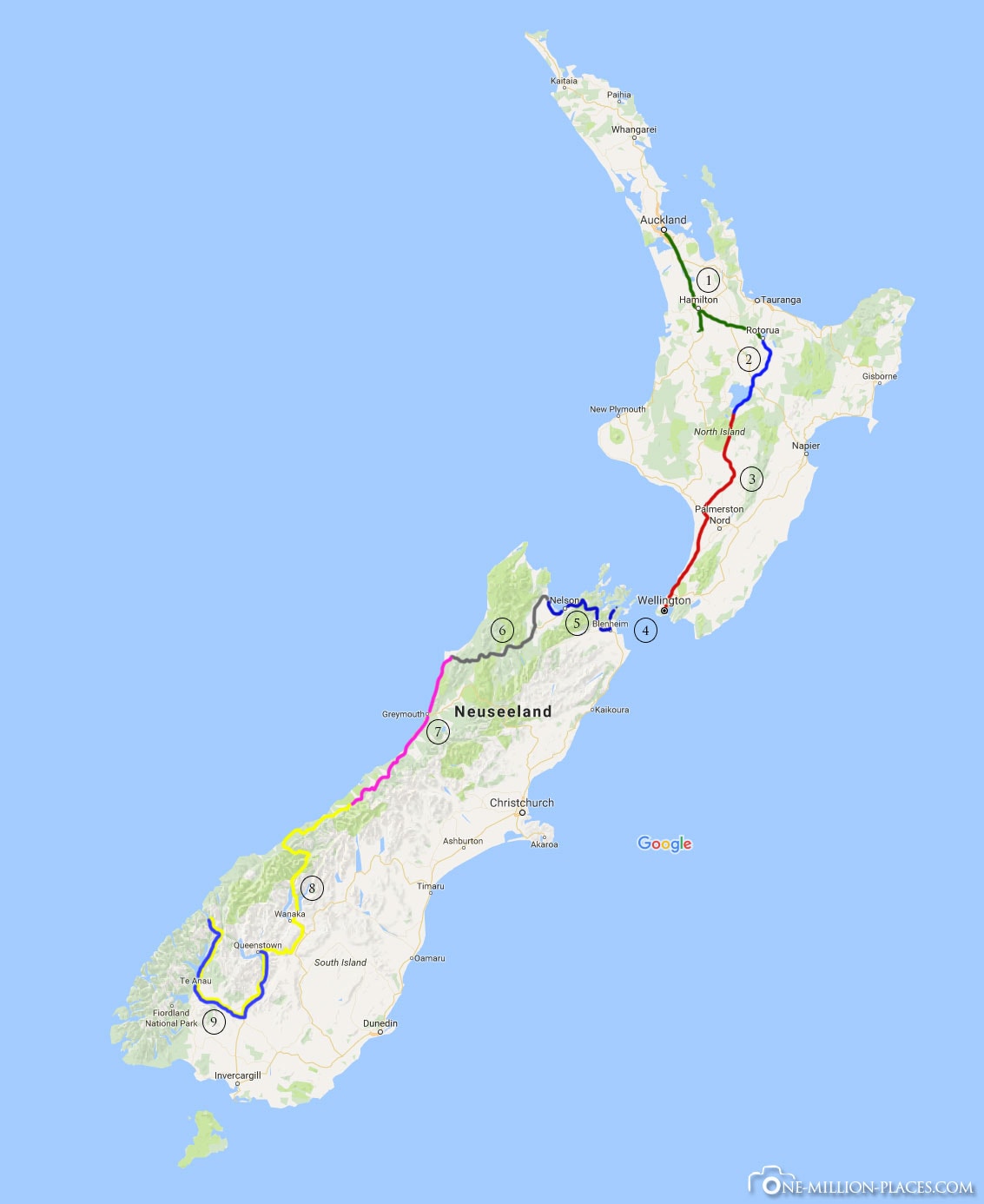 Route, Neuseeland, Nordinsel, Südinsel, Auf eigene Faust, Reisebericht