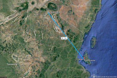The flight route from Kilimanjaro to Zanzibar