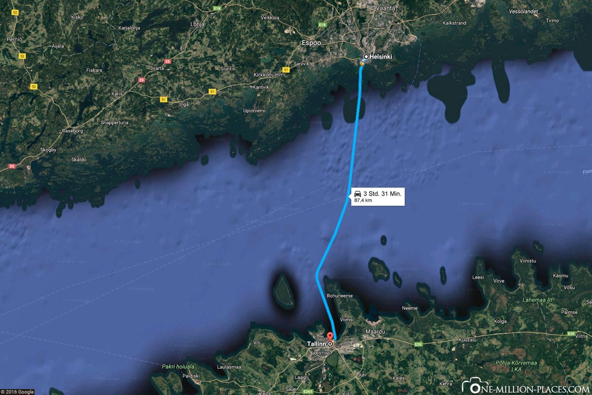 Die Strecke der Fähre von Helsinki nach Tallinn in Google Maps, Fähre, Helsinki, Tallinn, Schiff, Reisebericht