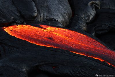 The glowing lava at night