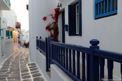 The blue-and-white alleys in Mykonos
