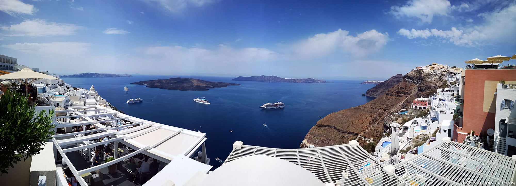 Panoramabild, Fira, Caldera, Thira, Santorini, Griechische Inseln, Griechenland, Kreuzfahrt, Reisebericht