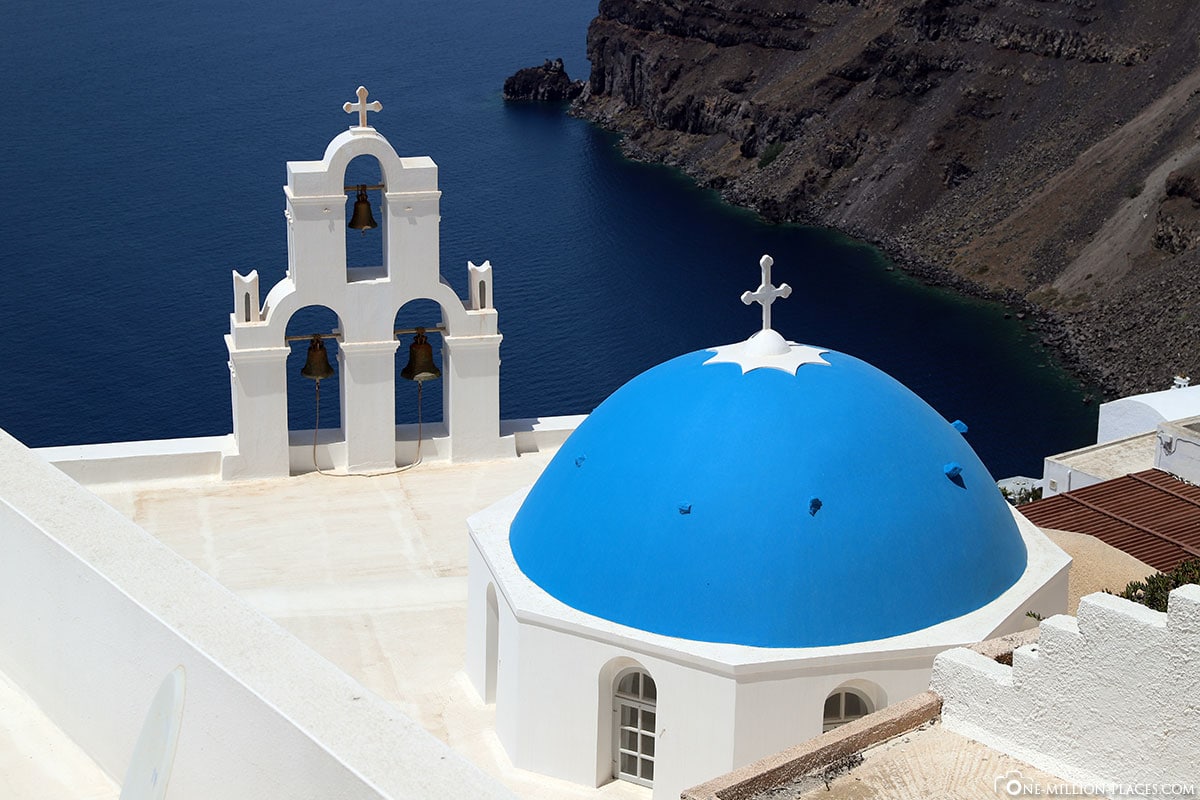 Kirche, Blaue Kuppel, Fira, Thira, Santorini, Griechische Inseln, Griechenland, Kreuzfahrt, Reisebericht