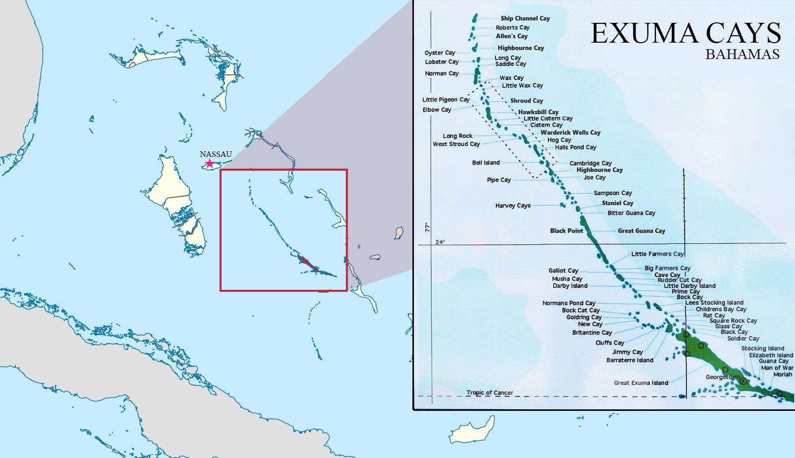 Exumas, Inseln, Karte, Bahamas, Cays, Reisebericht