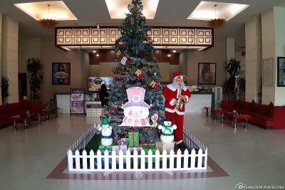 The Christmas-decorated reception