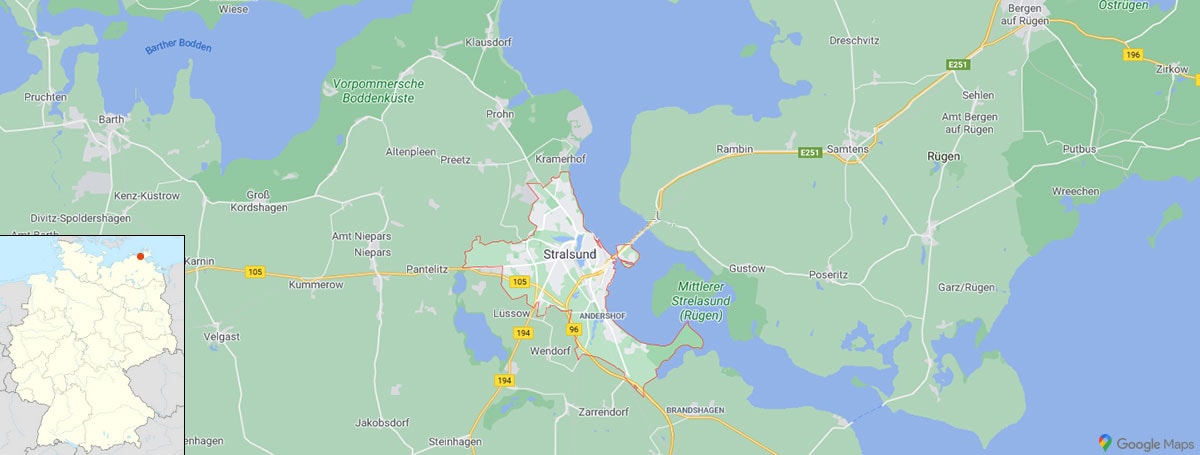 Hanseatic city Stralsund, Baltic Sea, location,map