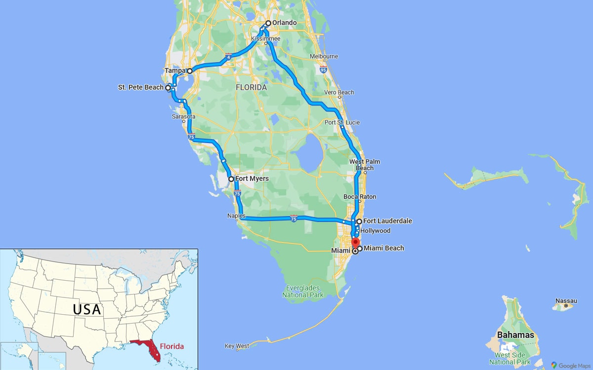 Florida 2022 Rundreise Route