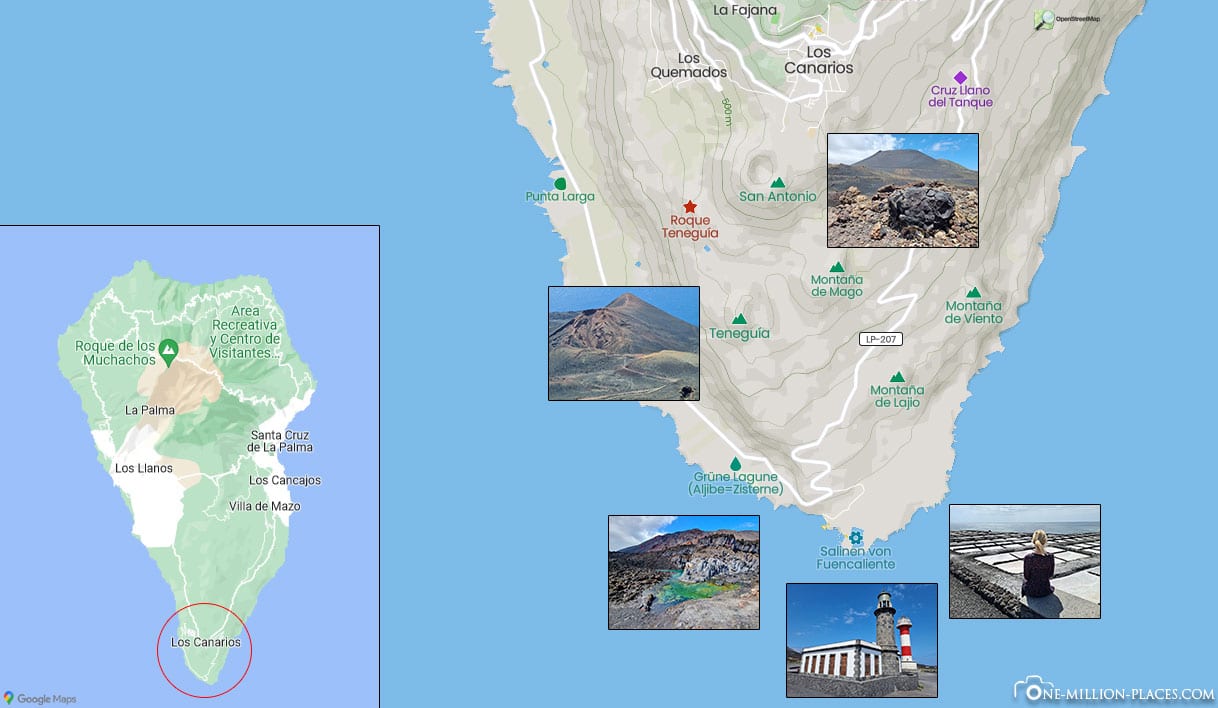 La Palma, Sehenswürdigkeiten, Südinsel, Karte