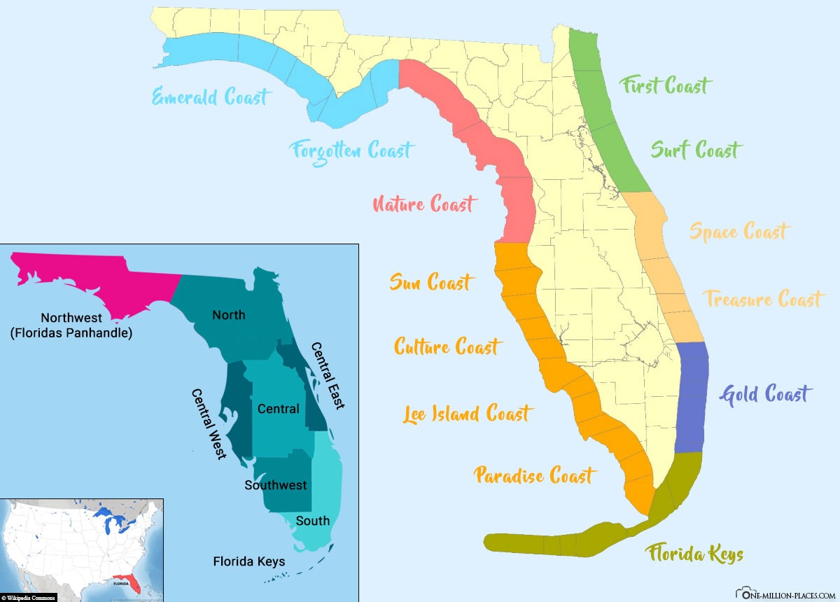 Florida, Regionen, Küsten, Karte